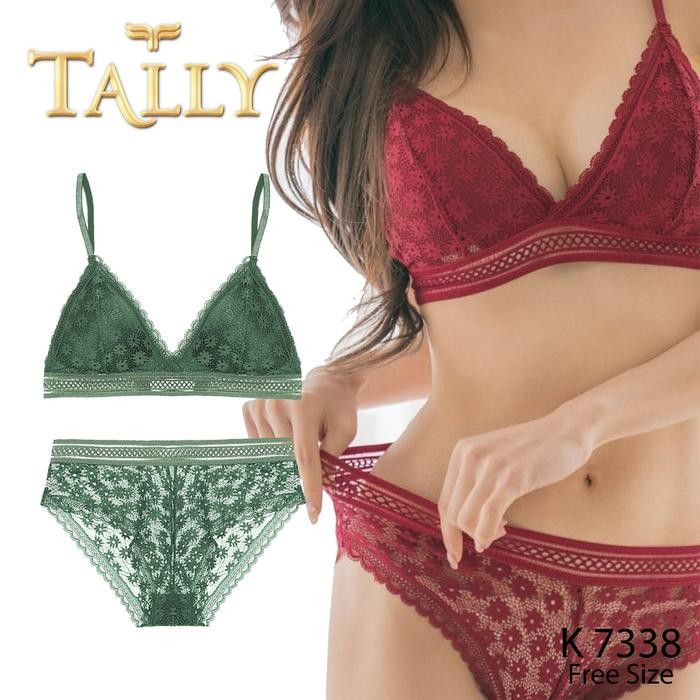 TALLY Bra Set Busa Tipis Tanpa Kawat Bahan Brokat Cup B BS 7338 - Hijau, BH SETTerlaris