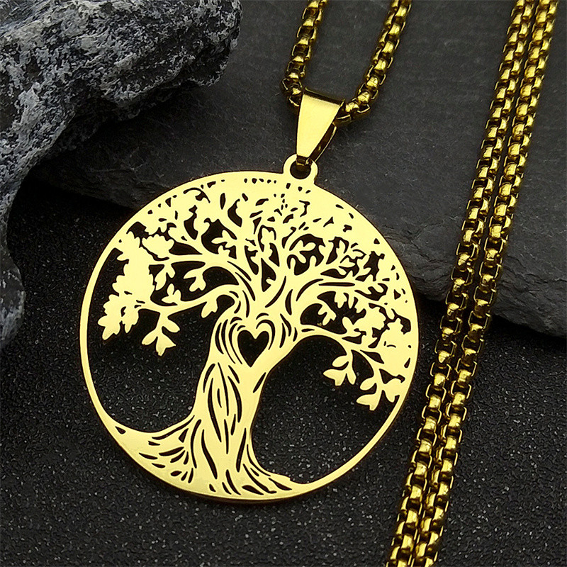 Aesthetic Tree of Life Love Heart Necklace for Women Men Stainless Steel Gold Color Lucky Amulet Cha