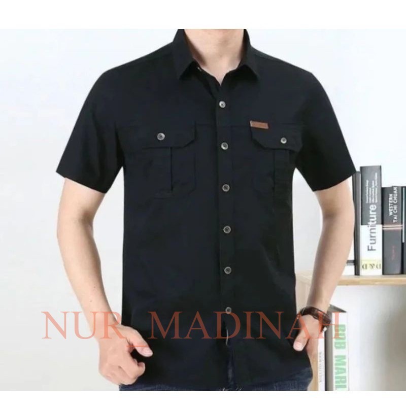 Kemeja Lapangan kerja/outdoor Tangan Pendek American drill premium Lengan Pendek -Pria Hitam Putih