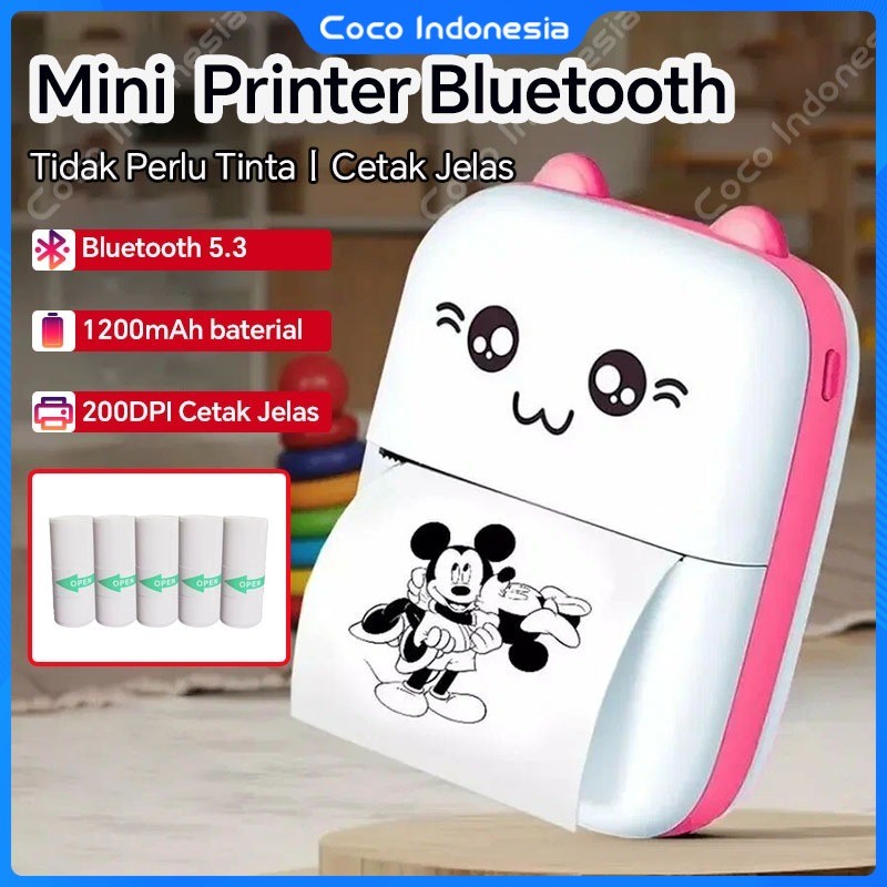 Mini Thermal Printer Bluetooth Pocket Printer Portable Tanpa Tinta Termal Printer Label Receipt Barc