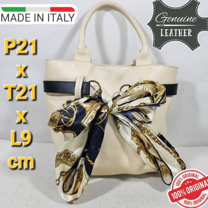 Furla original tote hand bag with ribbon genuine leather tas jinjing kulit asli cream