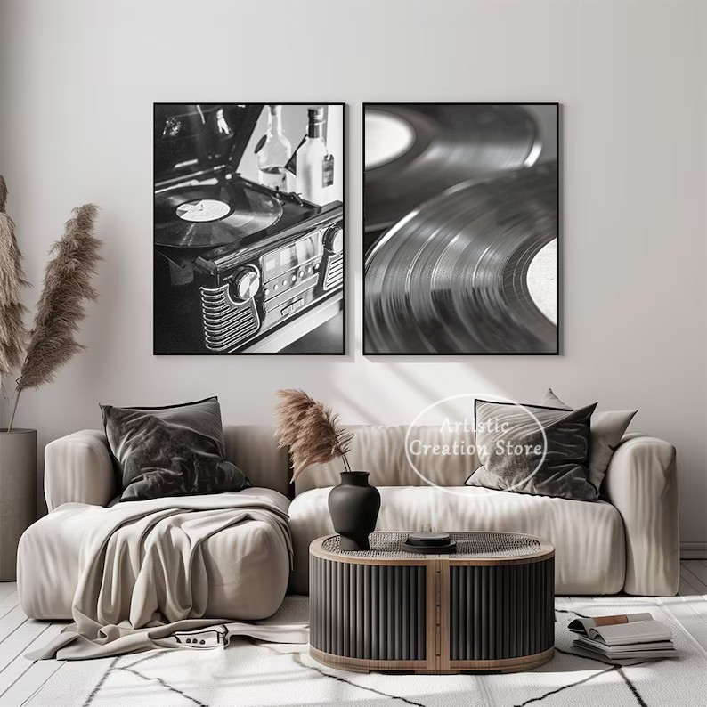 

Black and White Vintage Vinyl Record Player Retro Nostalgic Photography Poster Canvas Painting Wall Art Pictures Home Cafe Decor