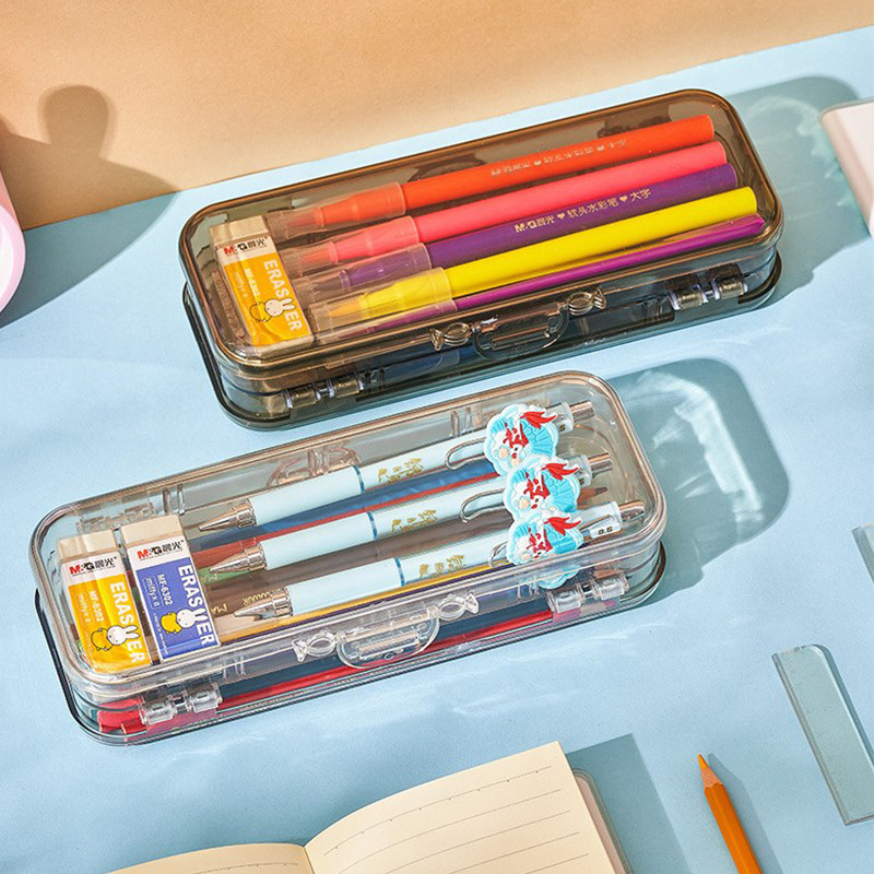 

1PCS Pen Box Double Layers Clear Visible Multifunction Boys Girls Students Pencil Stationery Organizer Case