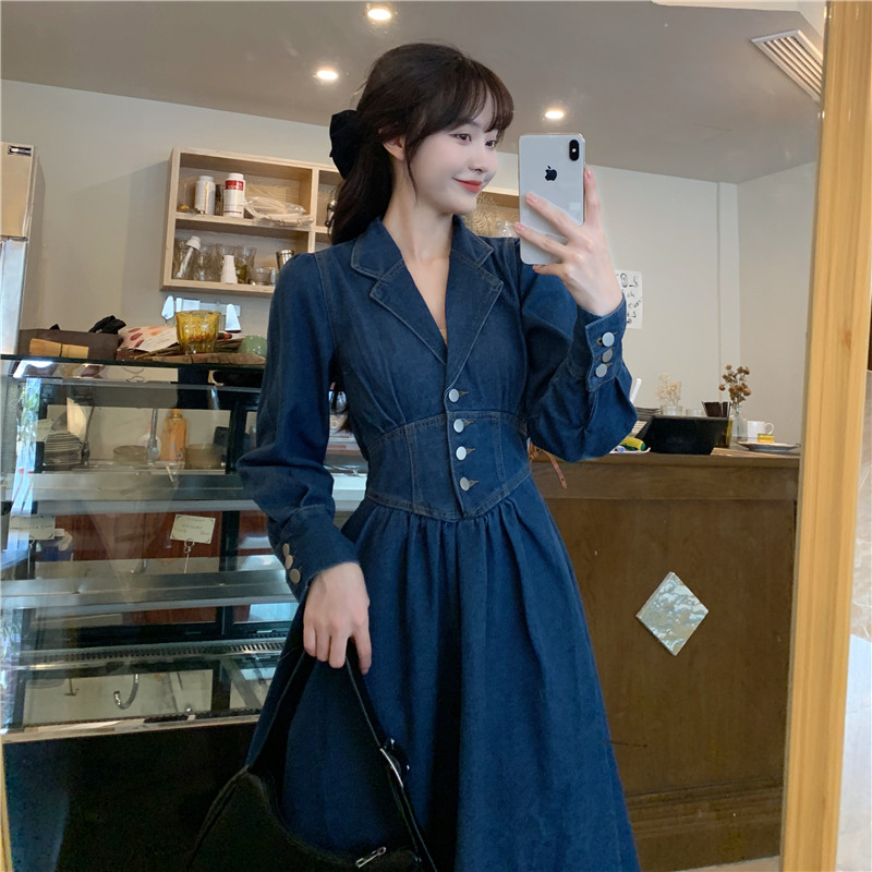 Rok Denim Midi, Baju Rok Midi, Retro, Kerah Setelan, Ukuran Plus