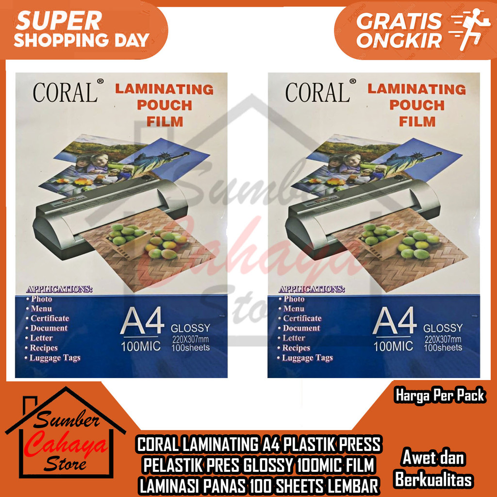 

Coral Laminating A4 Plastik Press Pelastik Pres Glossy 100mic Film Foto 100 SHEETS Shet Lembar Laminasi Panas Hangat Glosy Atk Stationery Kantoran Fotografer Pouch Hot Foto Menu Makanan Sertifikat Surat Dokumen Resep Multifungsi Original