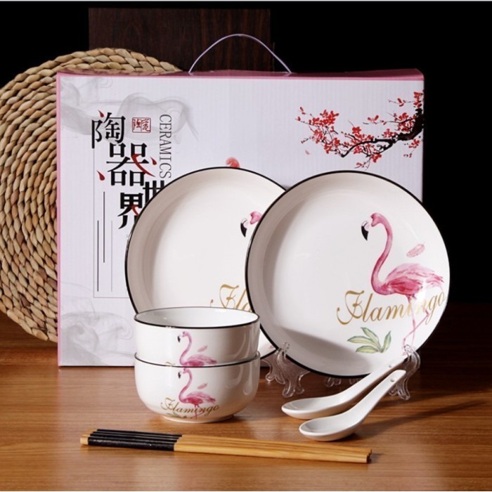 Piring Mangkok Sendok Keramik Set Cocok Untuk Hampers Kado - FLAMINGO