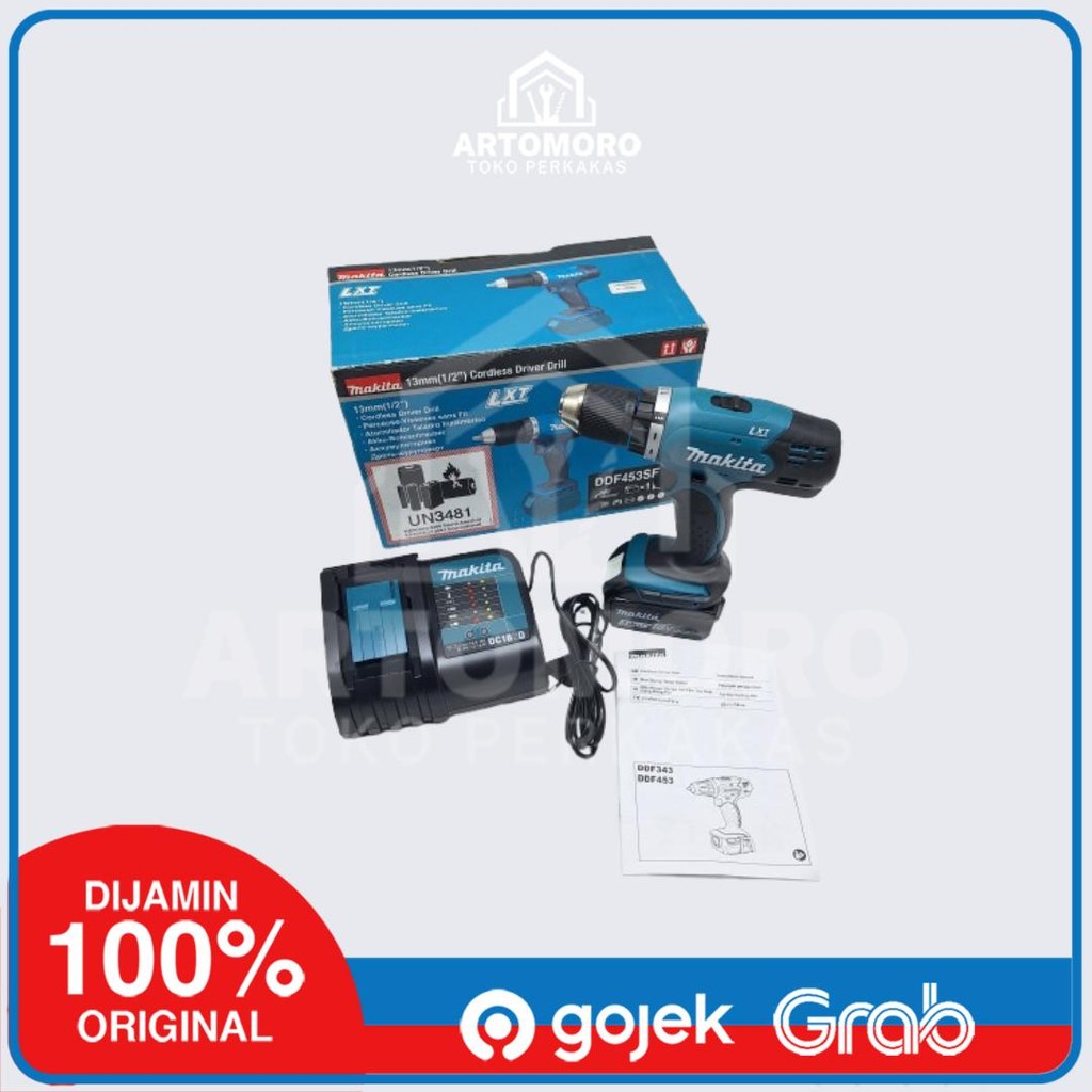 Mesin Bor Cordless Makita DDF453SFX7 18V 3.0Ah Lithium-Ion 13mm Besi 36mm Kayu 16 Torsi