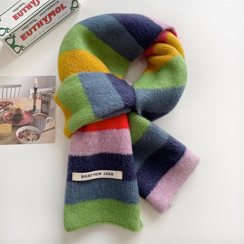 Rainbow Stripes Mohair Scarf Men And Women In Winter Colour Blocking Stripes Wool Short Scarf Studen