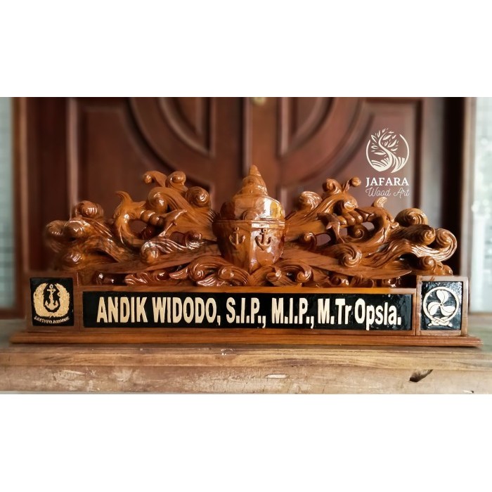 

papan nama meja jabatan ukiran kayu jati custom brevet atas air yermurah KF3421