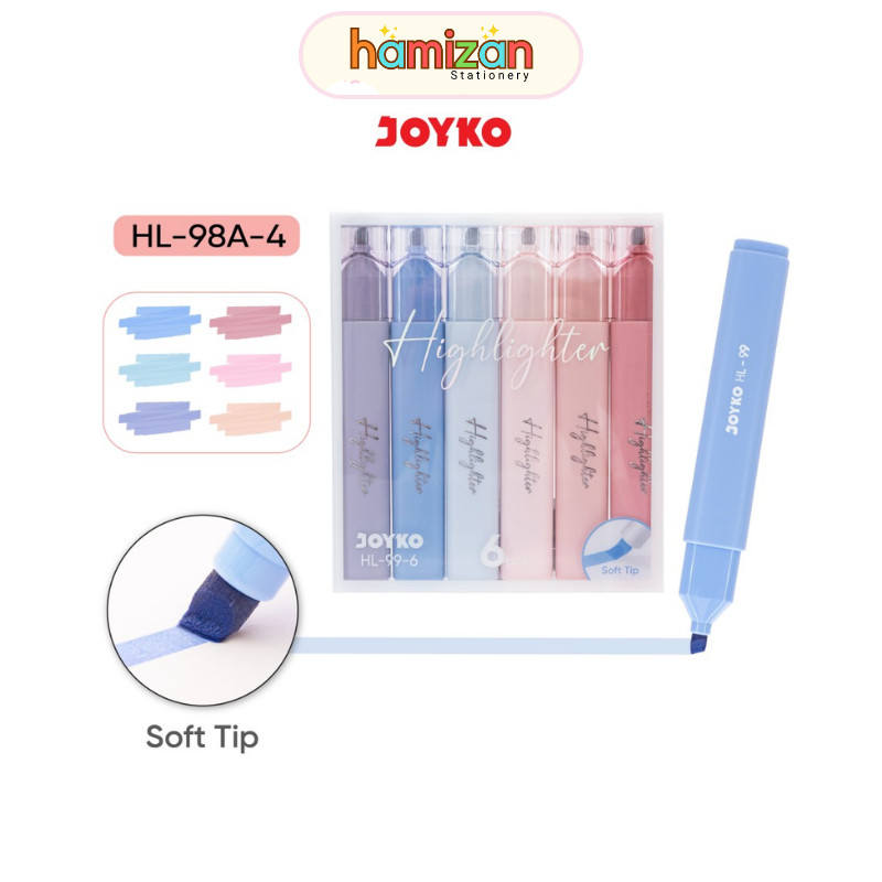 

( 1 set = 6 pcs ) Joyko HL-99-6 Highlighter Soft Tip / Penanda Berwarna Morandi isi 6 warna HL99 / Penanda Berwarna Highlighter Joyko HL-99 1 Set 6 Warna Murah Berkualitas