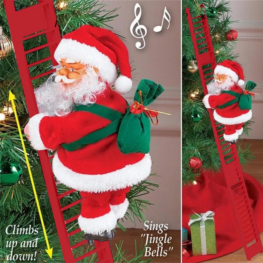 Electric Climbing Ladder Santa Claus with Music & LED Light, Xmas Tree Decorations Hanging  Ornament