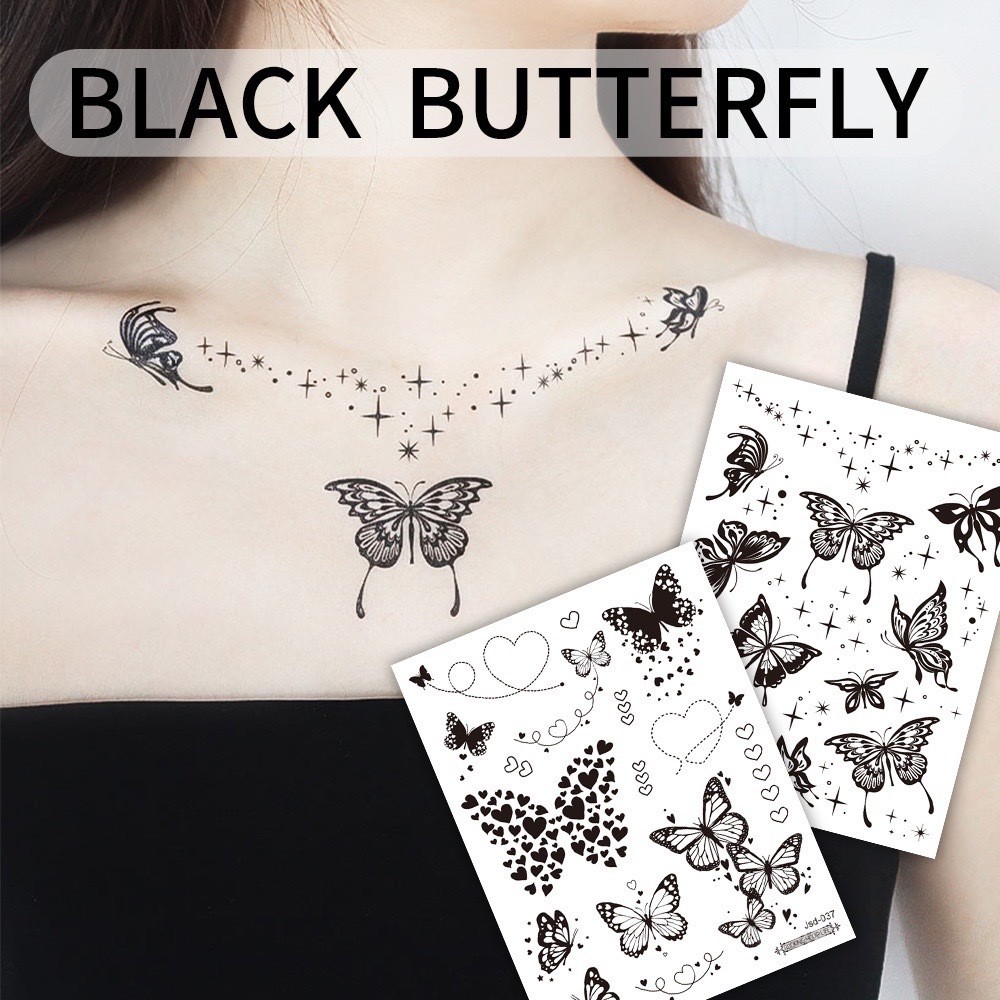 Stiker tato kupu-kupu hitam / Tato kupu-kupu cantik / Tato seksi  tato temporer dada lengan perempua