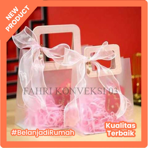 

Kotak Penyimpanan Transparan Doff Tas Mika PVC Handle Kulit Goodie Bag Hampers