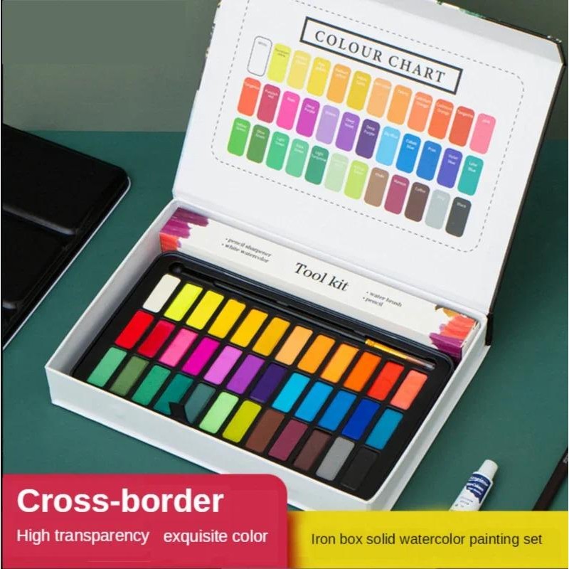 

36 color solid watercolor pigment iron boxed beginner powder cake art supplies paint brush 9-piece set Painting set A good gift