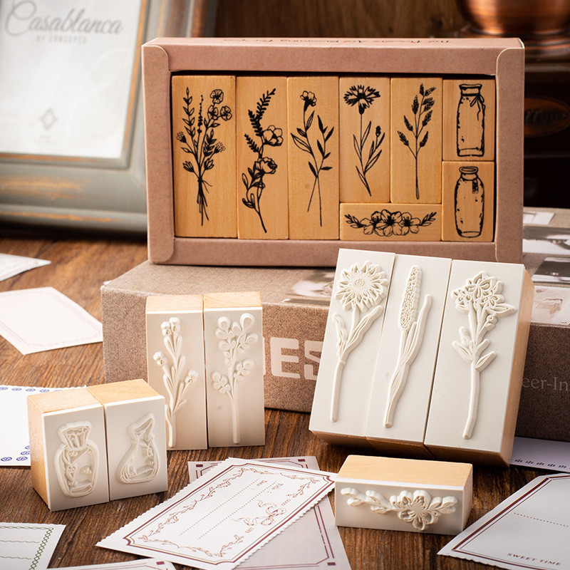 

Retro Lotus Wood Combination Set Seal Plant Vase Handbook DIY Photo Album Diary Decorative Stamp Assorted Stamp