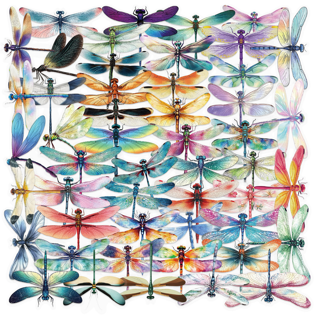 

50pcs Dragonfly Waterproof Doodle Stickers Colorful Decorations for Car Laptop Phone Luggage Double Transparency PET Sticker﻿