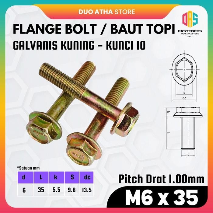 Flange Bolt M6x35 / Baut Flange M6x35 / Baut Topi M6x35 Galvanis Kuning Kunci 10