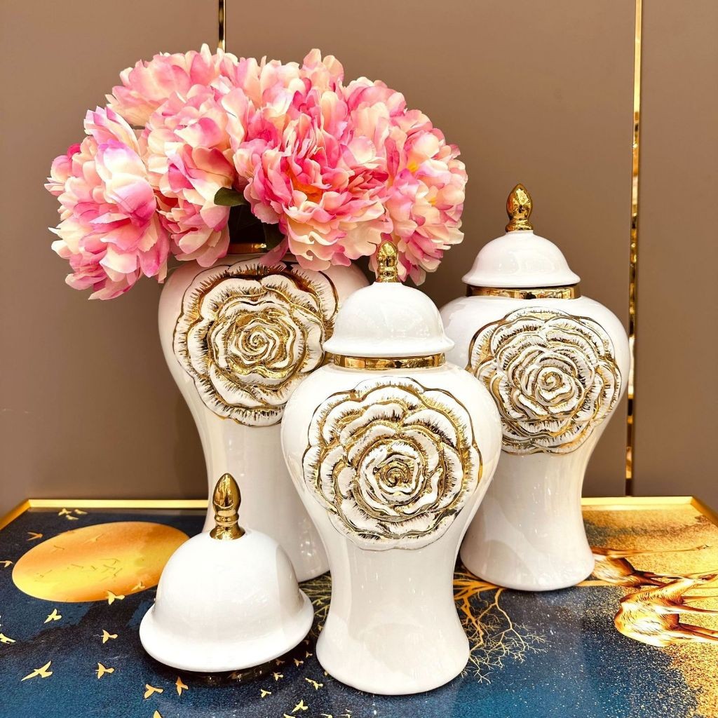 JAKLUIS_SHOP Vas Keramik Luxury Style/Vas Guci Bunga Mewah/Vas Guci Emas Mewah Ginger Jar Dekorasi