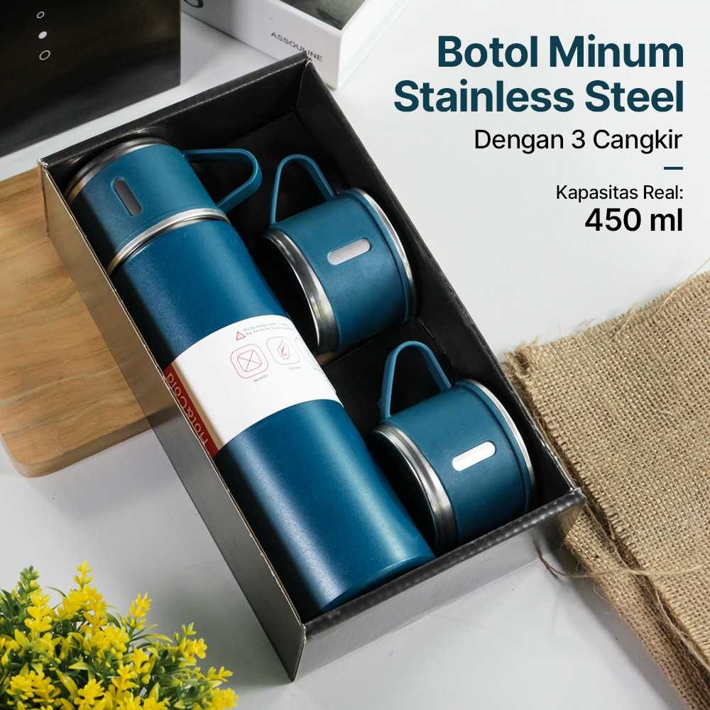 

VIELENTE Botol Minum Termos Stainless Steel 450ml dengan 3 Cangkir - VT563