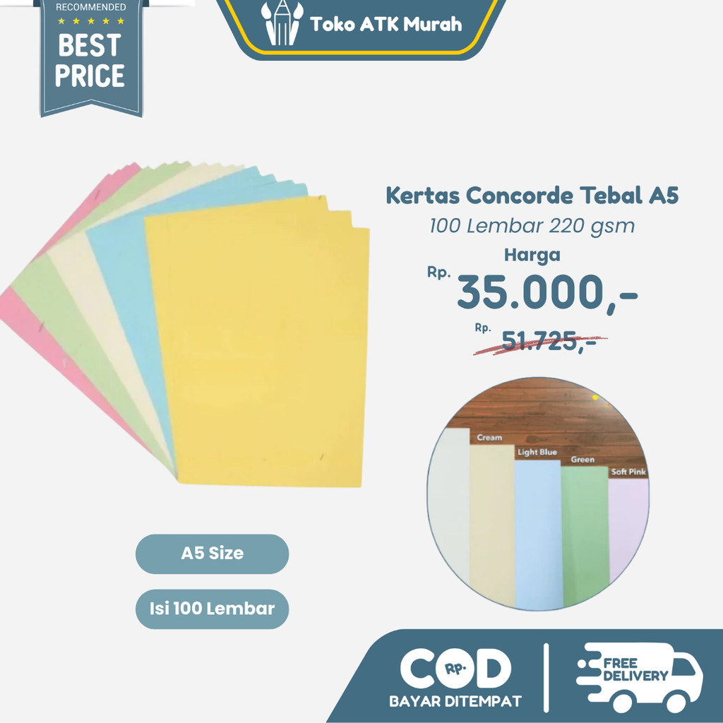 

Kertas concorde tebal 220 gr ukuran A5 1 Pak (100 lembar)