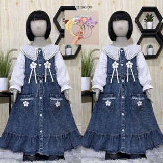 ( Gratis Bando Karakter ) Gamis Full Jeans Hitam Anak Perempuan Model Moana Free Belt Semi Overal Mi