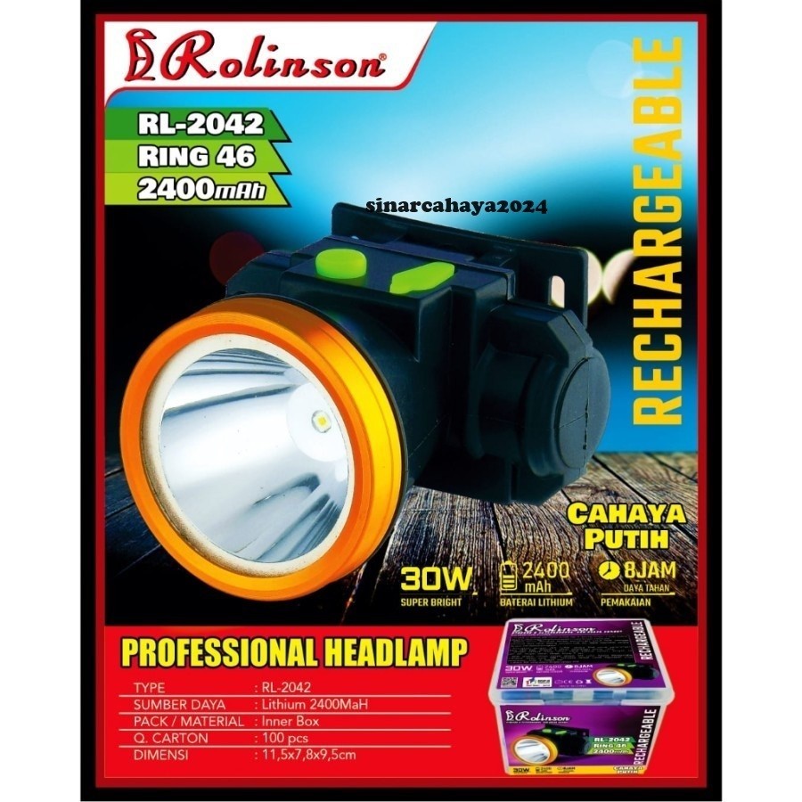 - Senter Kepala LED 30 Watt Cahaya Putih Rolinson RL-2042 Headlamp LED