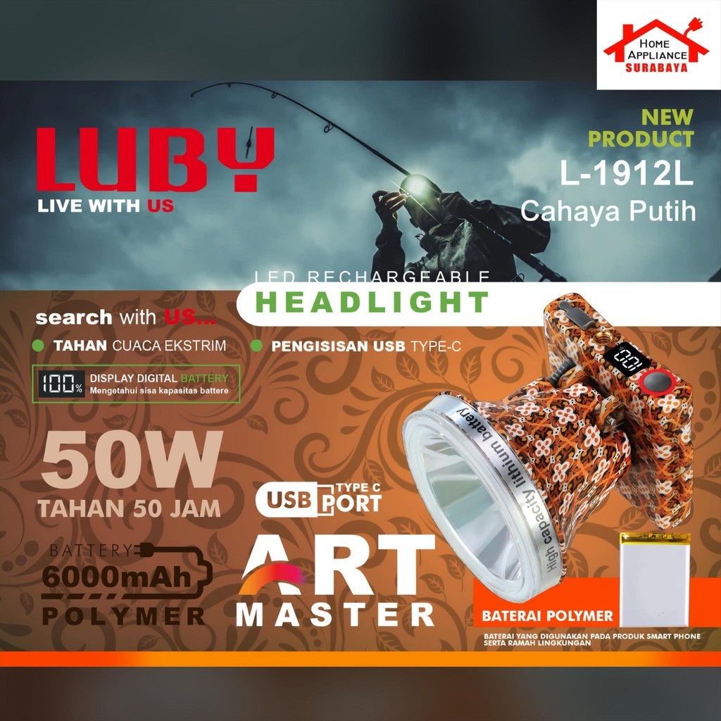 LUBY Senter kepala Cas LED 50W - 50 Watt 6000mAh Lithium POLYMER - ART MASTER L-1912L Cahaya Putih /