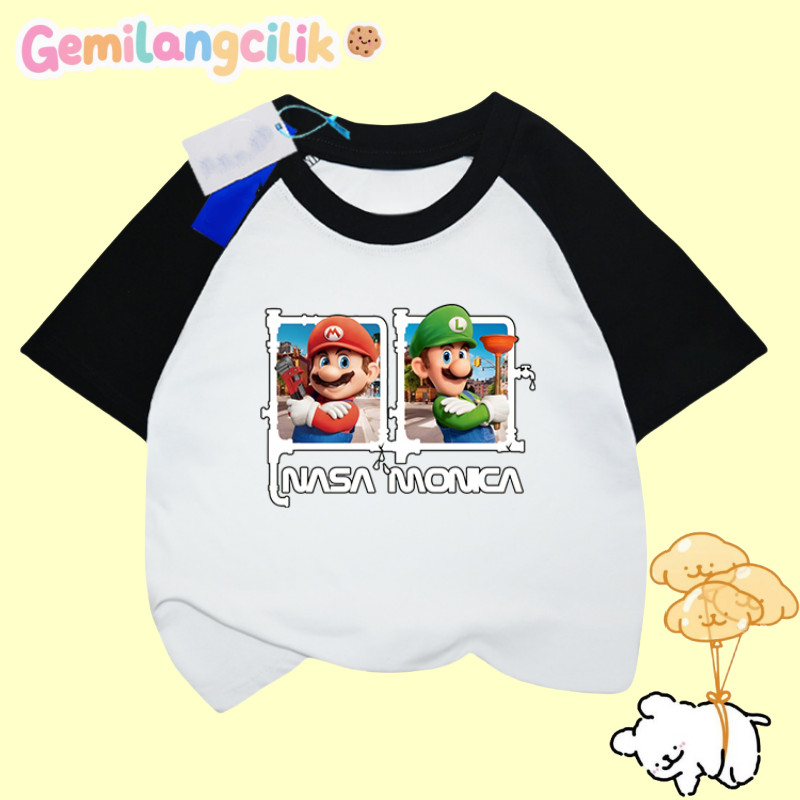 Gemilang Cilik Kaos raglan lengan pendek anak-anak Atasan katun Super Mario