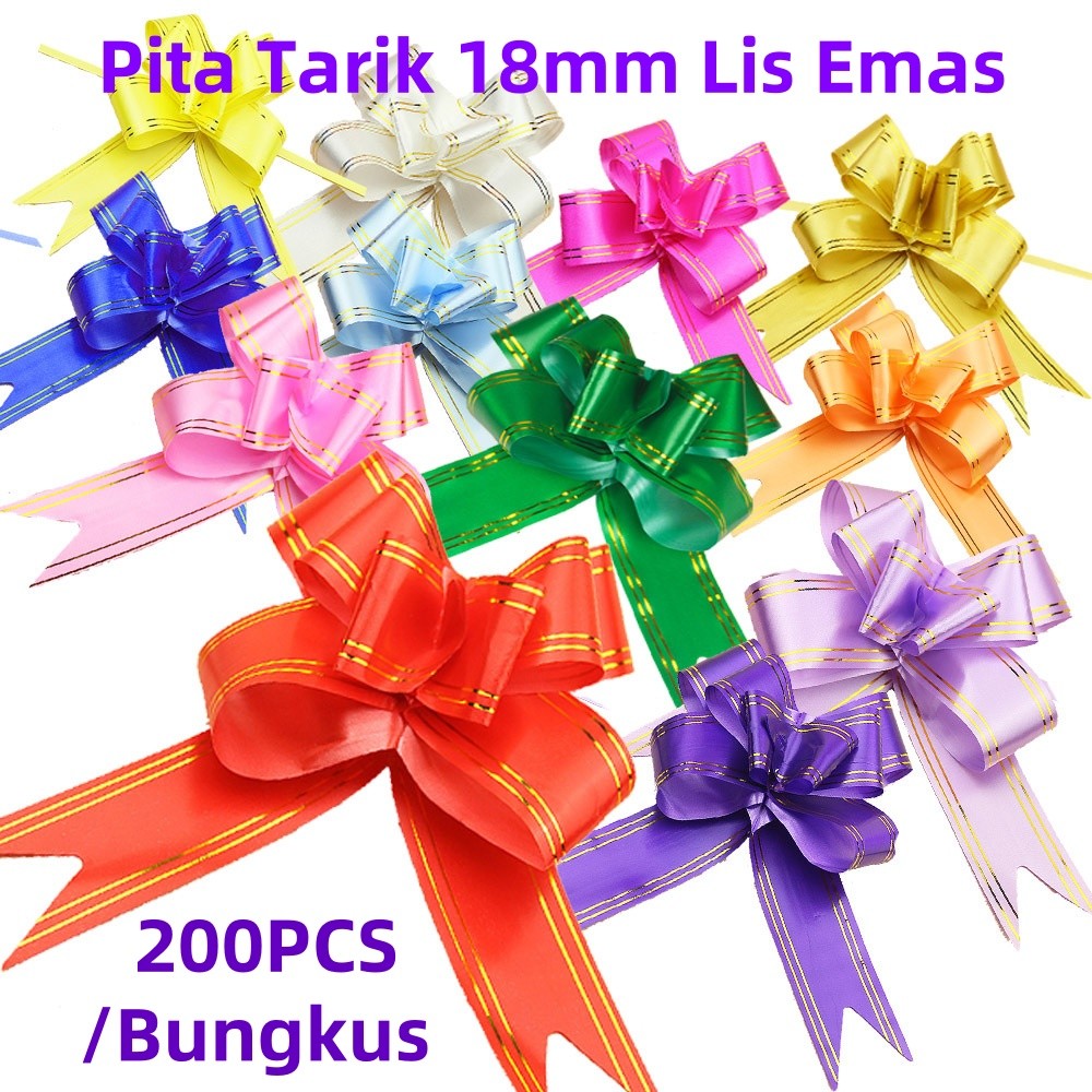 

Isi 200 Pcs Pita Tarik 18mm Lis Emas Serut Besar Hiasan Parcel Souvenir Pull Flower Ribbon Gold Stripes / Pita Hiasan Hampers / Pita Kado Parcel