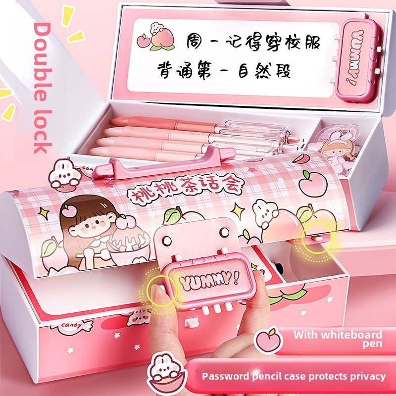 

High Appearance Male Password Lock Super Stationery Box Student Pencil Case Girl Multifunctional Double Layered