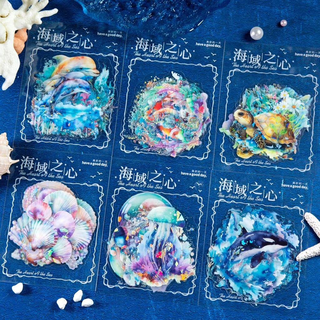 

10pcs/bag Sea Heart Series PET Shell Light Stickers Marine Lifes Dreamlike Handbook Scrapbook DIY Material