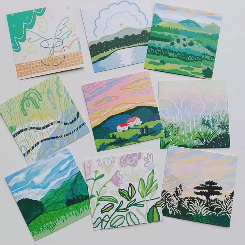 

Ins Green Plant Landscape Postcard Hand Painted Illustration Square Decorative Card 9 Sheets Diy Wall Sticker Photographic Props