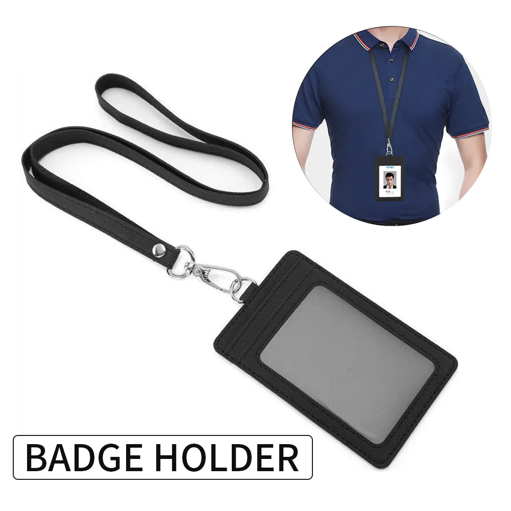 

Basic Black Lanyard Badge Holder PU Leather, Scratch Resistant 5 Card Slots