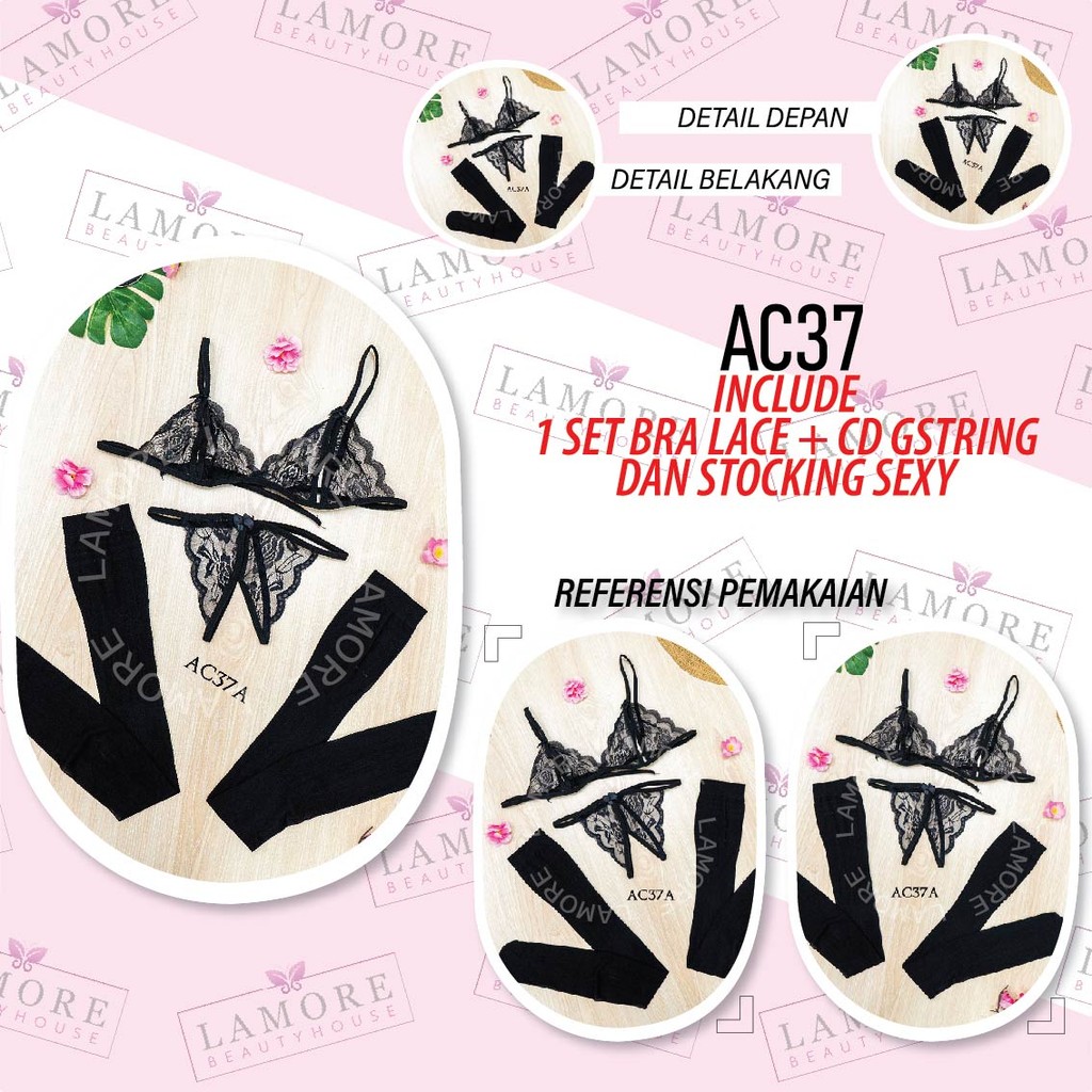 Underwear Wanita Bh Cd + Stocking Lace Hitam Ac37A