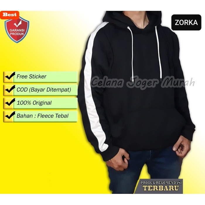 hoodie pria keren JAKET HOODIE PRIA SWEATER HODIE OBLONG JUMPER ZORKA PUTIH HITAM TEBAL - Hitam, L
