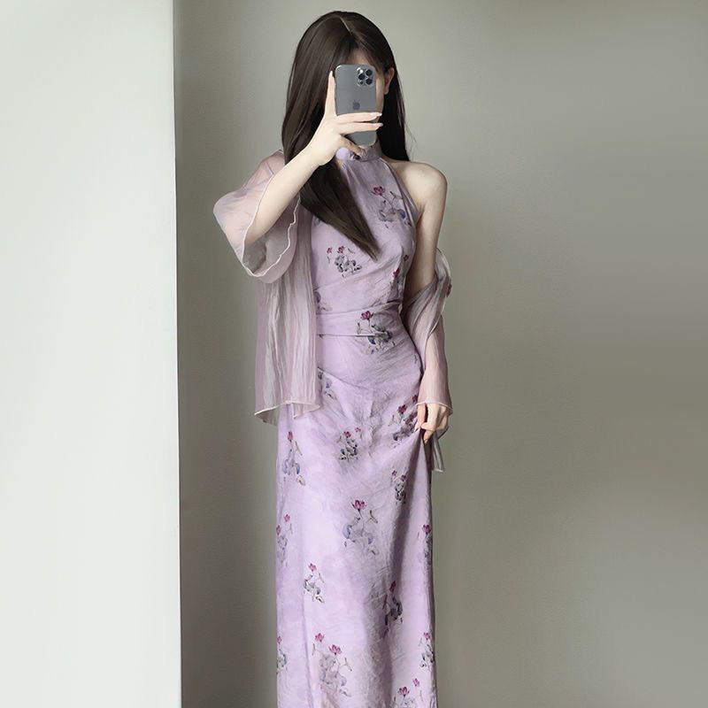 Gaun cheongsam motif vintage gaya China rok panjang longgar Saku tanpa lengan ungu