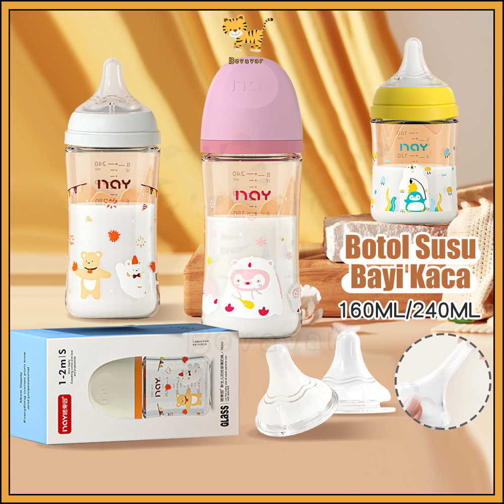 ID Bevavar Botol Susu Bayi Newborn Botol Susu Kaca Bayi Botol Minum Bayi Anti Kolik 160/240ml
