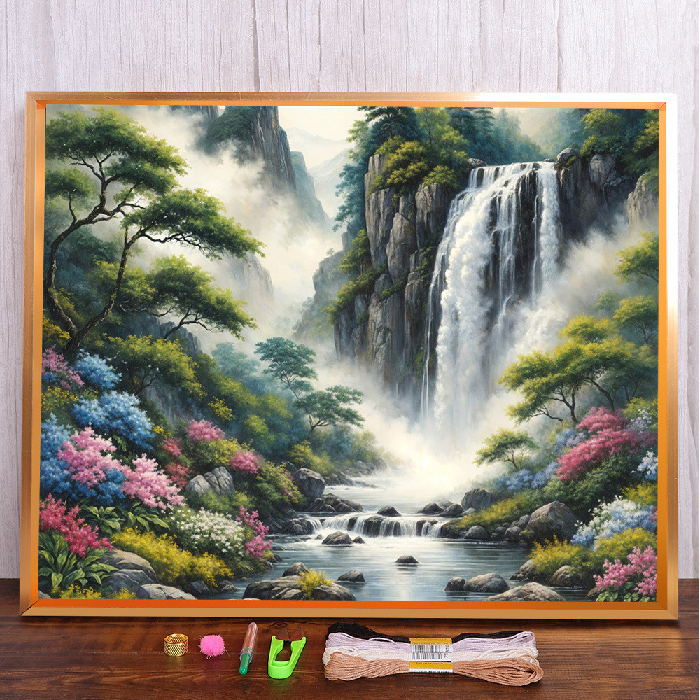 

Landscape Waterfall Pre-Printed 11CT Cross-Stitch Embroidery Complete Kit Craft Knitting Hobby Handiwork Floss Jewelry Package