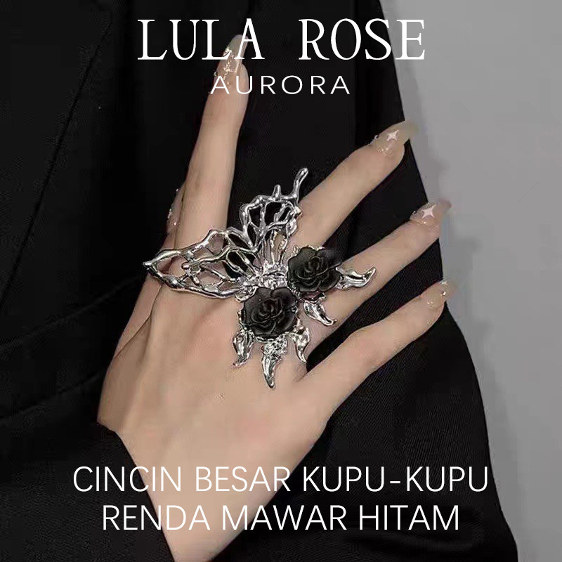 LULA ROSE Cincin Besar Kupu-Kupu Mawar Hitam Fashion Punk Gothic Ring Wanita Streetwear