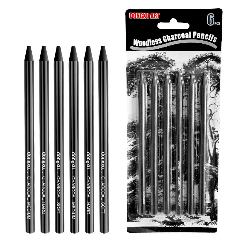 

6 Packs of Advanced Black Charcoal Pen Water-soluble Charcoal Thin Strip Sketch Art Charcoal Soft and Medium Hard Mixed