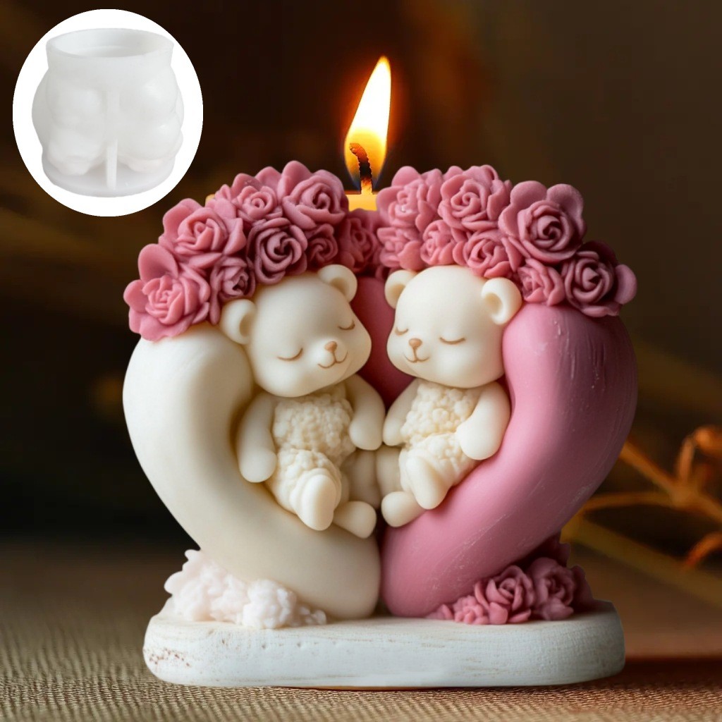 

Cute Love Bear Candle Silicone Mold Rose Flower Animal Bear Epoxy Resin Mould Love Flower Bear Gypsum Molds Gift