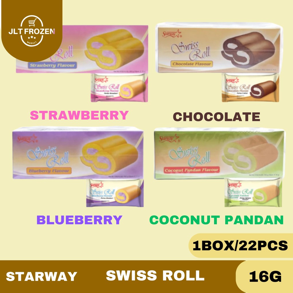 

Starway Swiss Roll 16g 1BOX 22pcs / Chocolate / Coconut Pandan / Strawberry / Blueberry / Kue / Cemilan
