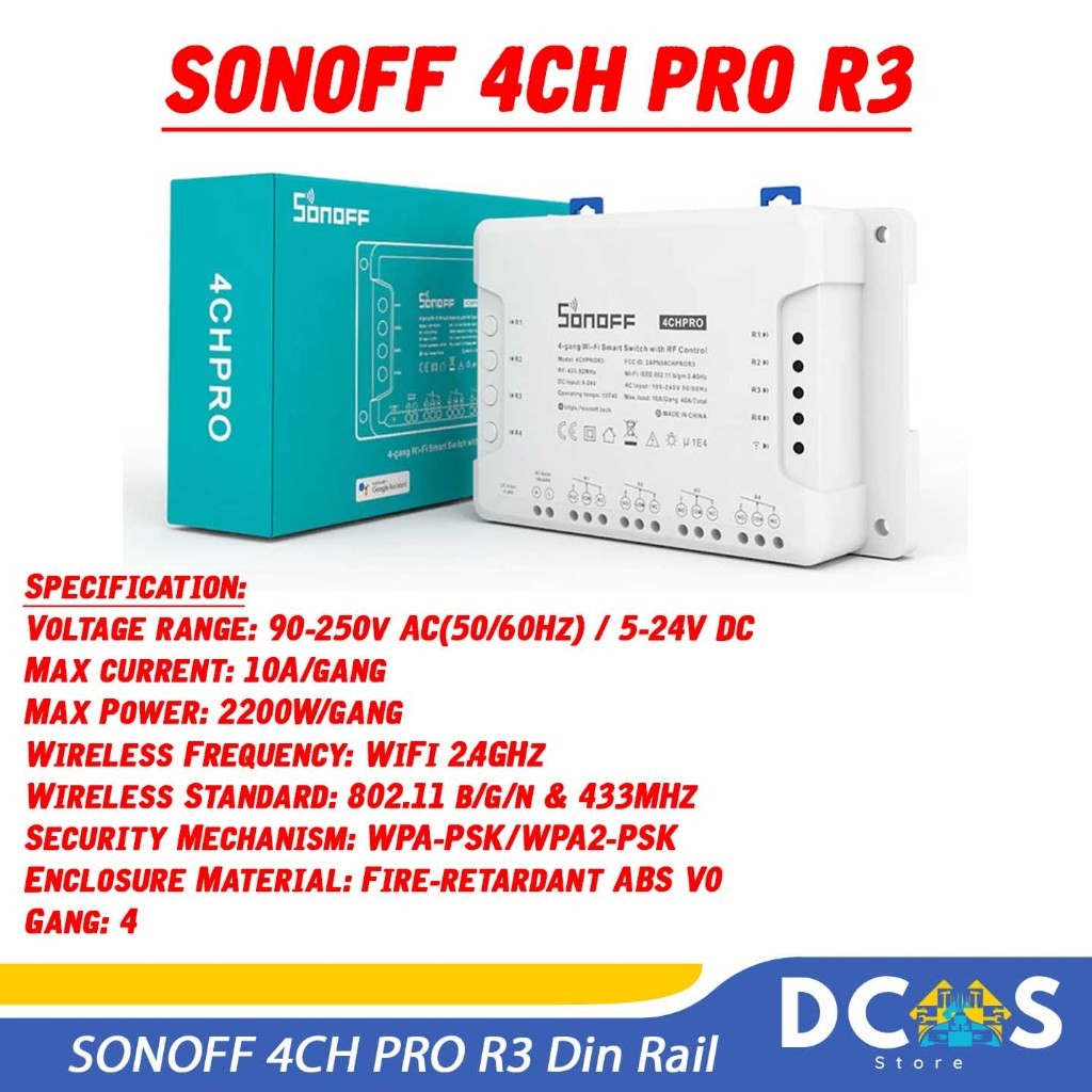 Sonoff 4CH PRO - 4 Channel Din Rail WiFi - RF 433Mhz Switch App Ewelink