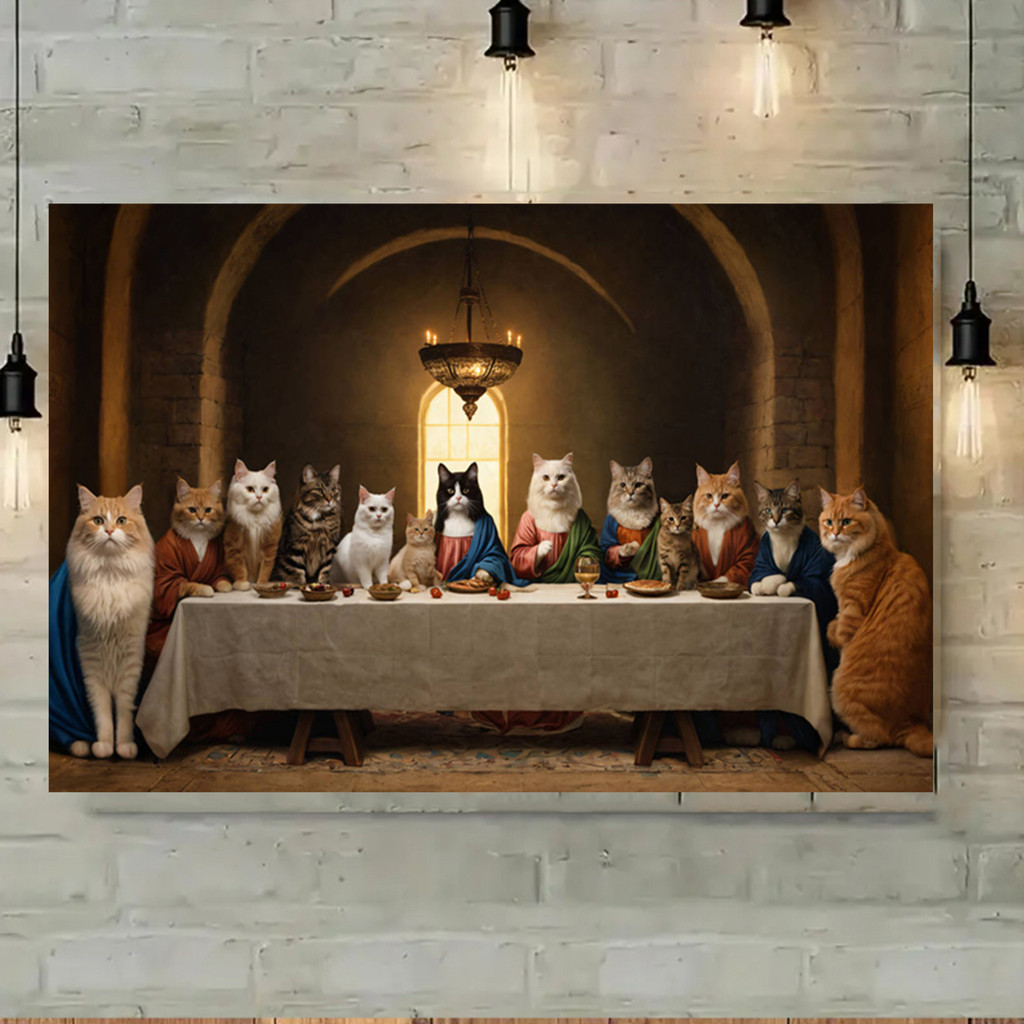 

Room Decor Whimsical Cat Last Supper Unframed Canvas Poster, Royal Feline Gathering Historical Parody Art,Pet Lovers Home&Office