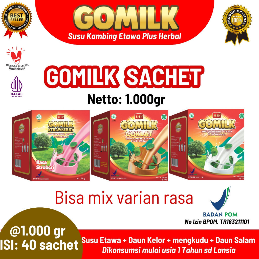 

GOMILK SACHET / 1 BOX netto 1KG isi 40 Sachet / SUSU KAMBING ETAWA PLUS HERBAL