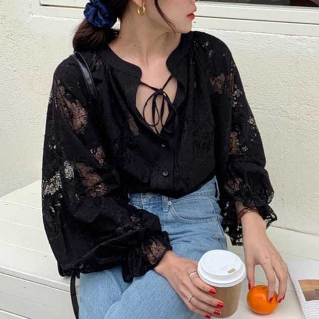 Blus Brokat Wanita Lengan Panjang dengan Kerah Koko dan Tali Aktif, Gaya Korea Elegan
