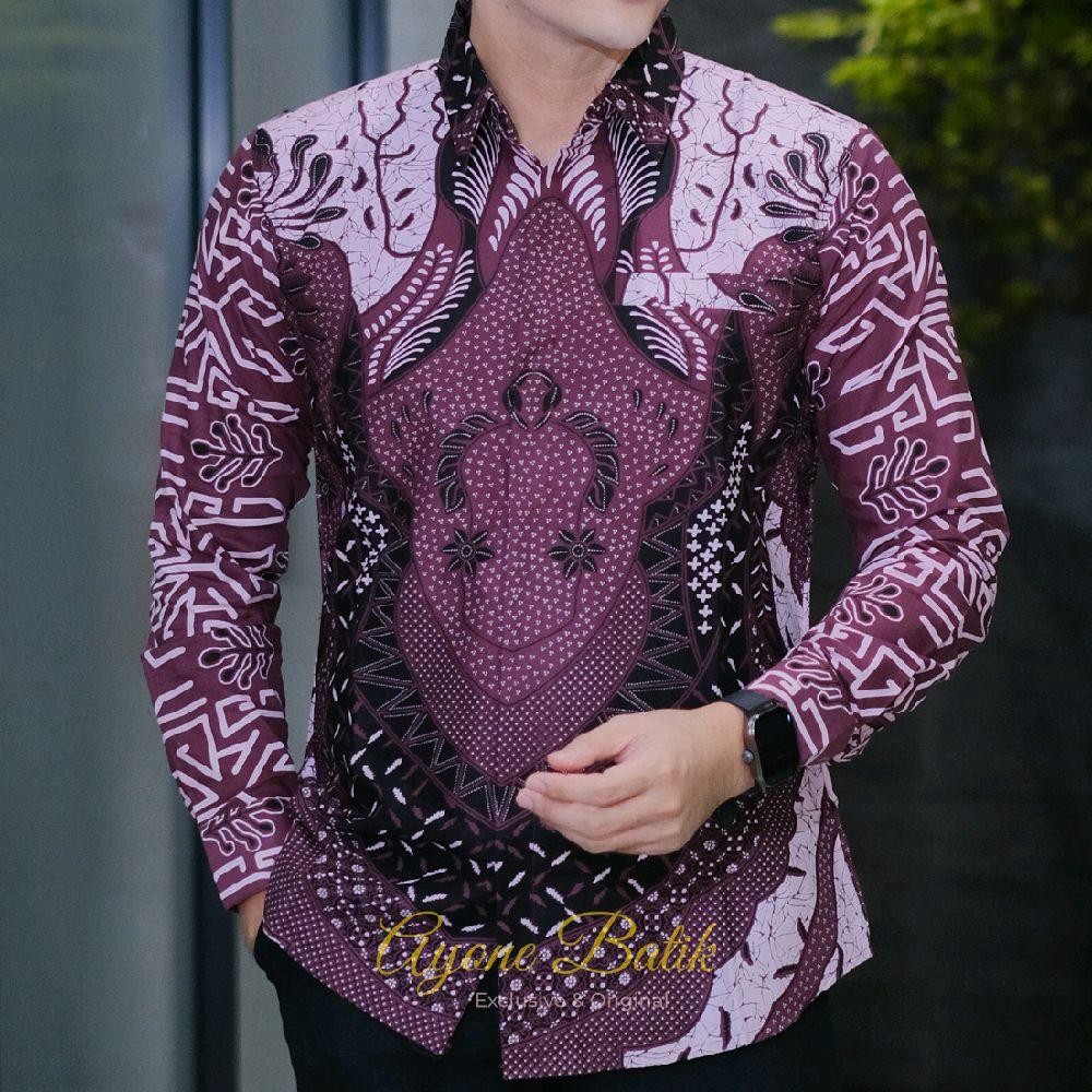 Kemeja Batik Pria Slim Fit BRAMANTYO BURGUNDY Baju Batik Anak Muda Kekinian Bahan Katun Halus Lapis 