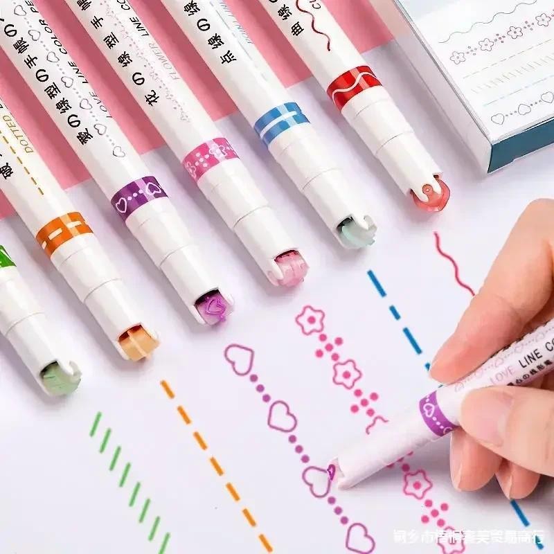 

3/6pcs Kawaii Line Shaped Marker Pens Cute Roller Tip Curve Liner Highlighter Graffiti Pens Korean Stationery Office Supplies