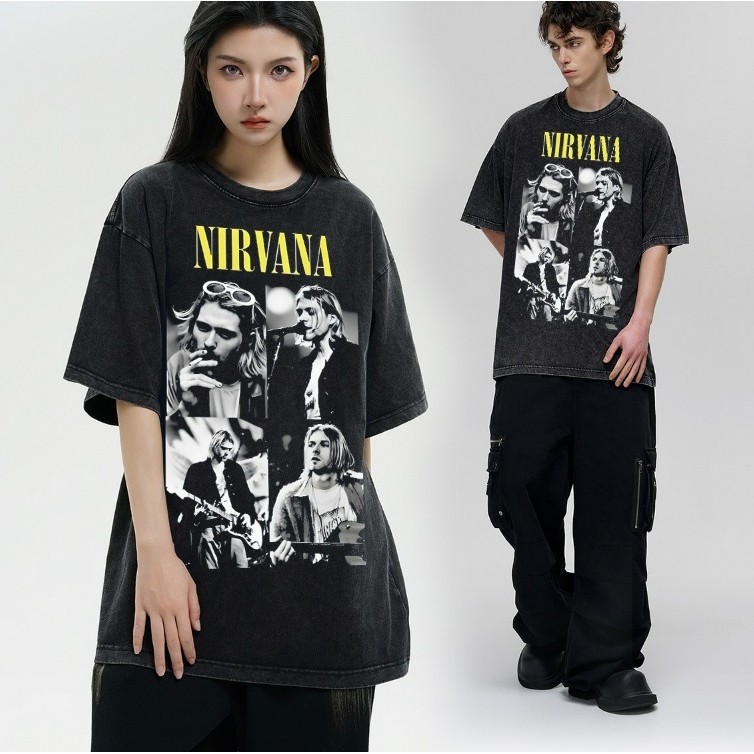Washed T-shirt Kaos lengan pendek band Nirvana Vintage Retro Unisex