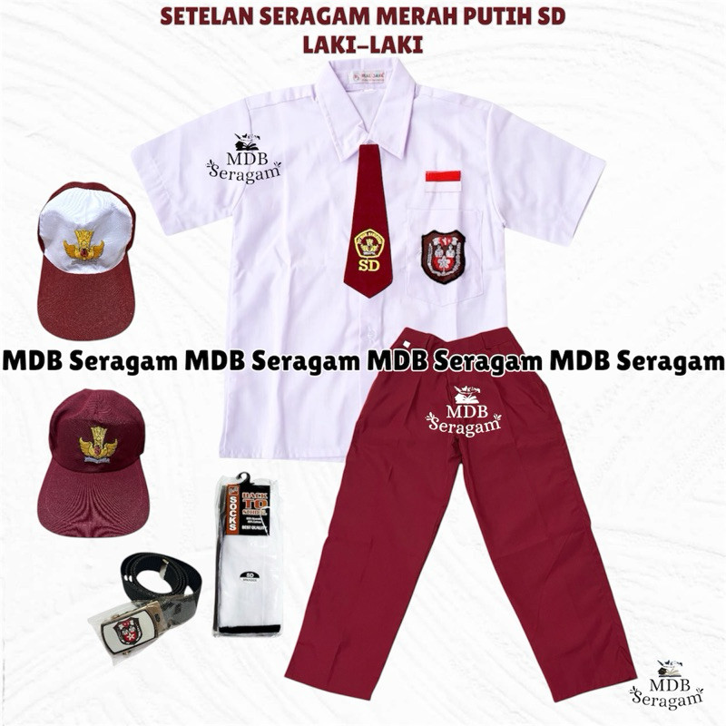 azamtea2STORESetelan Super Lengkap Seragam Sekolah SD Laki laki Merah Putih Baju Pendek Celana Panja